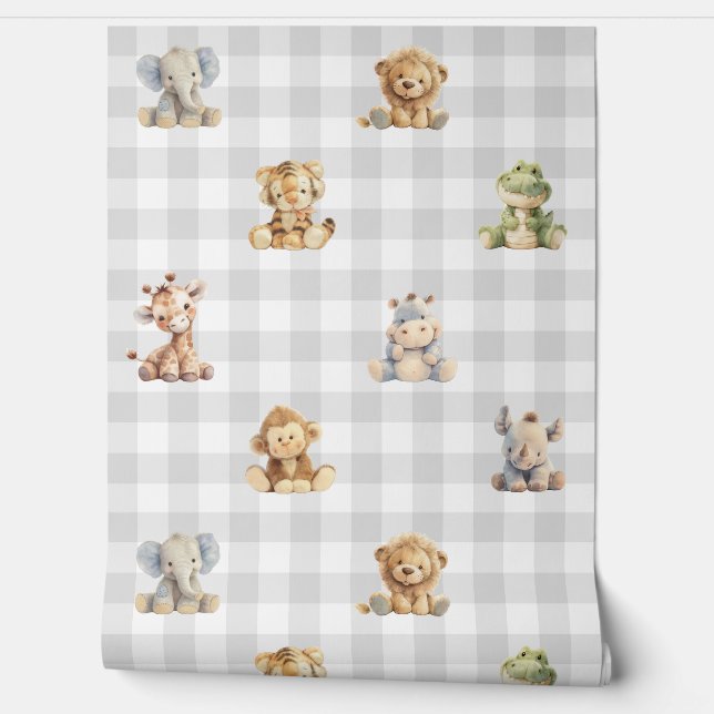 Papier Peint Safari Animaux Jouets Gris Plaid Baby Boy Nursery (Déroulement)