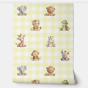 Papier Peint Safari Animaux Jouets Jaune Plaid Baby Nursery