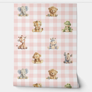 Papier Peint Safari Animaux Jouets Pink Plaid Baby Girl Nursery