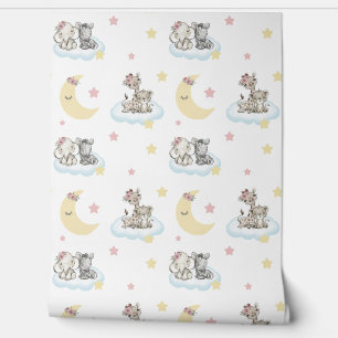 Papier Peint Safari Animaux Nuages Étoiles Lune Baby Girl Nurse