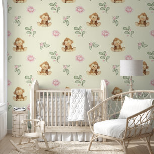 Papier Peint Safari Animaux Singe Rose Floral Baby Girl