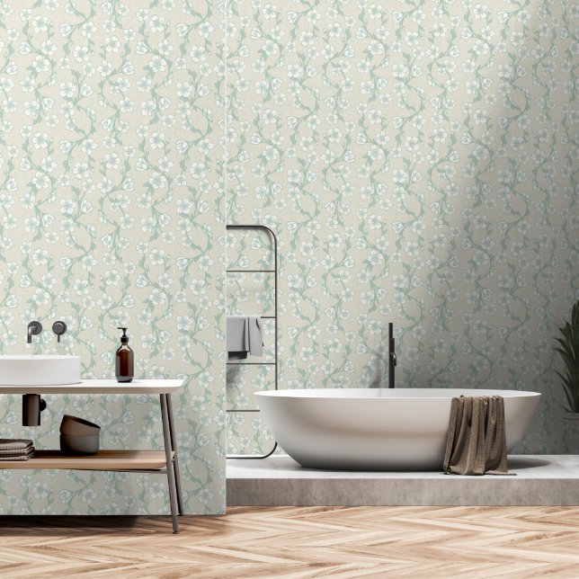 Papier Peint Sage Green Fleur botanique moderne (Salle de bain)
