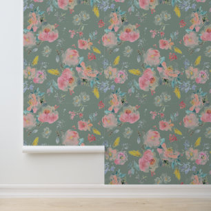 Papier Peint Sage Green Peony Aquarelle florale Botanique