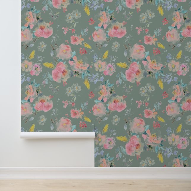 Papier Peint Sage Green Peony Aquarelle florale Botanique (Application)