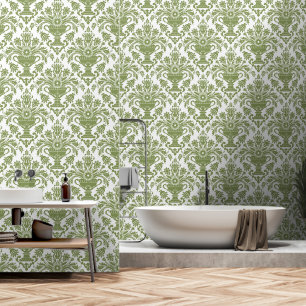 Papier Peint Sage Vert et blanc Damas Floral peler et bâton