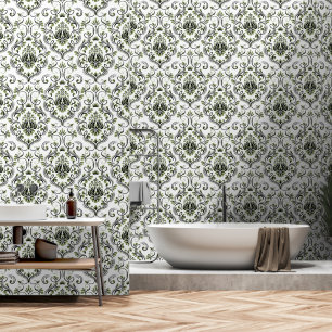 Papier Peint Sage vert et noir Damask Floral peler et bâton