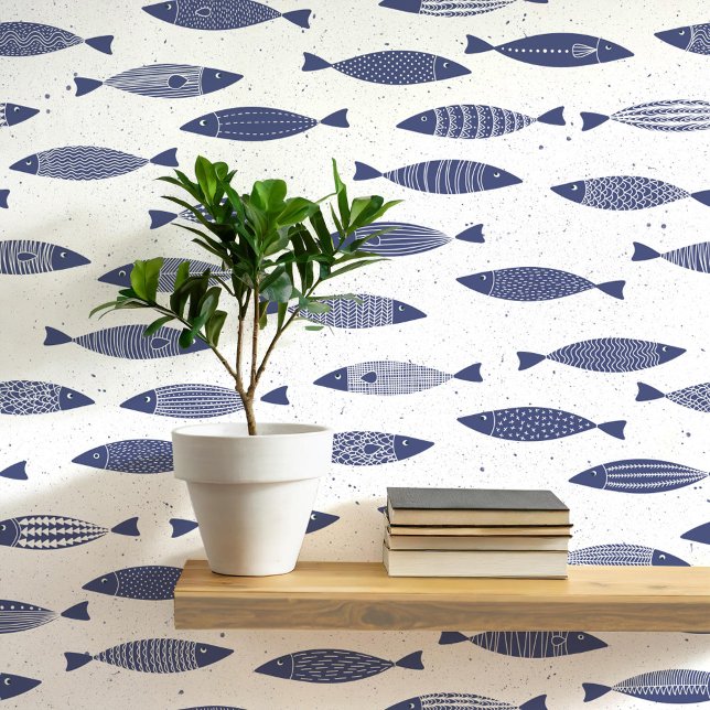 Papier Peint Sardine Fish Navy Bleu Blanc Côtier (Fun coastal sardines fish wallpaper in navy blue and white)