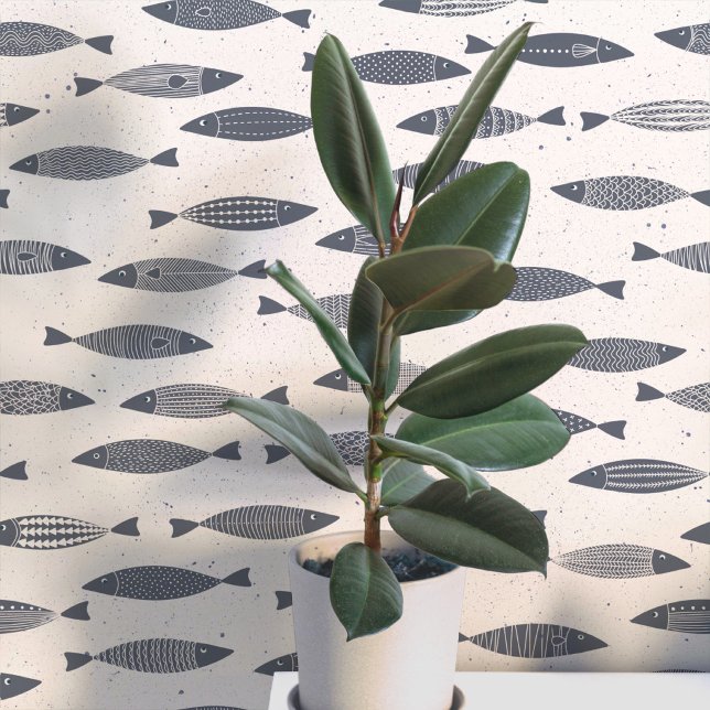 Papier Peint Sardine Poisson Indigo Bleu Crème (Fun coastal sardines fish wallpaper in indigo blue and cream)