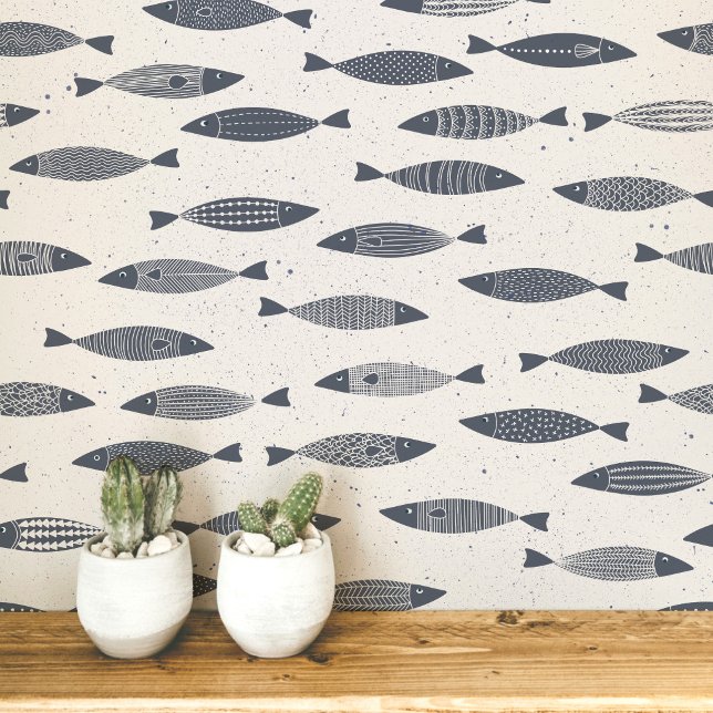 Papier Peint Sardine Poisson Indigo Bleu Crème (Fun coastal sardines fish wallpaper in indigo blue and cream)
