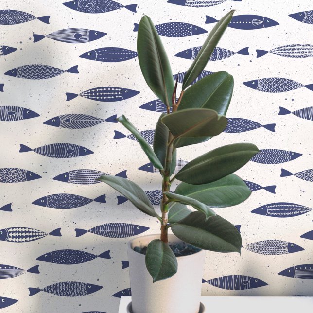 Papier Peint Sardine Poisson Navy Bleu Blanc Côté Mer (Fun coastal sardines fish wallpaper in indigo blue and white)
