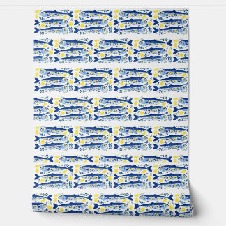 Papier Peint Sardines bleues et jaunes d'été méditerranéen
