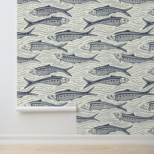 Papier Peint Sardines en mouvement en bleu marine et ivoire