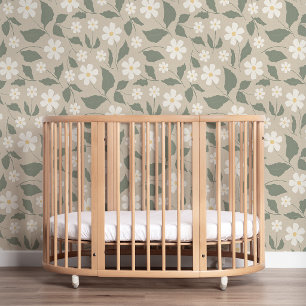 Papier Peint Scandi Moderne Daisy Floral Beige et Vert Doux