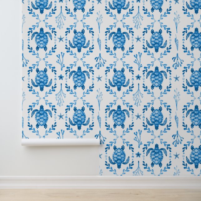 Papier Peint Sea Turtles and Starfish Coastal Blue Watercolor (Application)