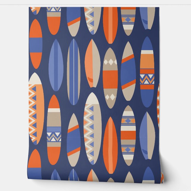 Papier Peint Secret Beach Hawaiian Surfboards - Navy et Orange (Déroulement)