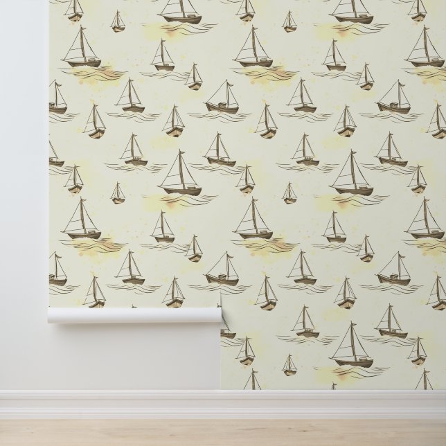 Papier Peint Serene Beige Voiliers Motif sur mer (Application)