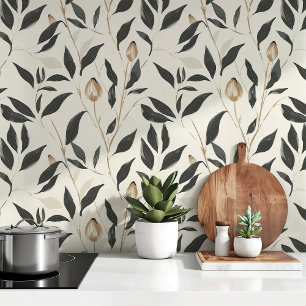 Papier Peint Sérénité botanique moderne - Floral noir & beige