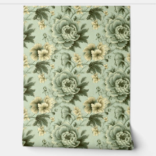Papier Peint Shabby chic sauge vert blanc fleurs vintages
