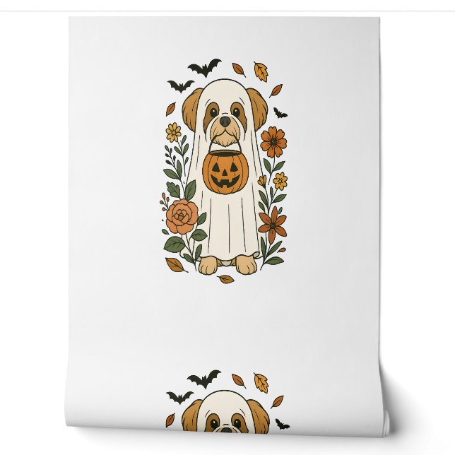 Papier Peint Shih Tzu Halloween avec fleurs d'automne (Déroulement)