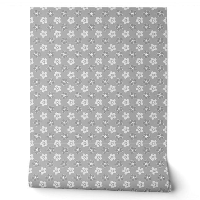 Papier Peint simple floral solide gris clair motif rétro (Déroulement)