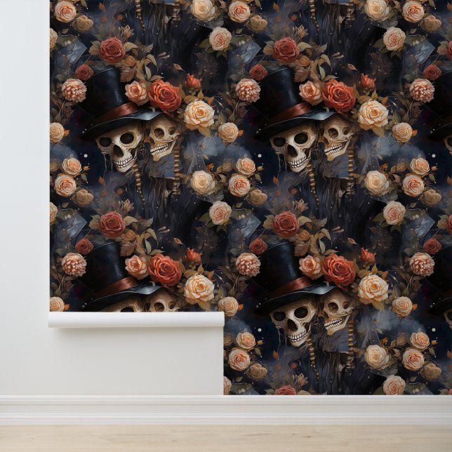 Papier Peint Skeletons de baiser crânes gothiques roses (Application)