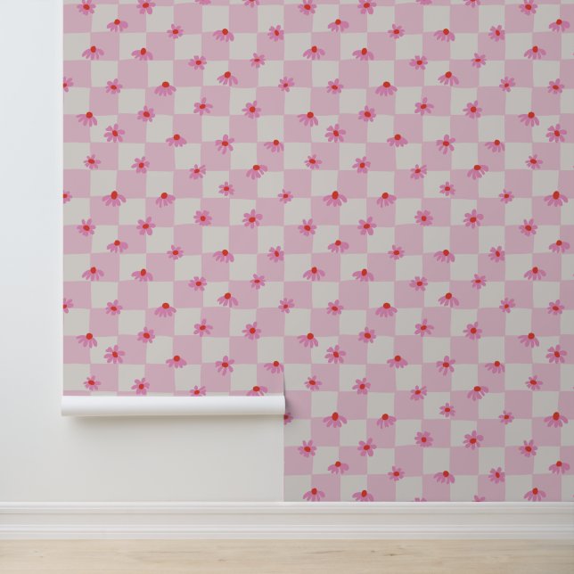 Papier Peint Soft Pink Daisy Checkerboard Floral Pattern (Application)