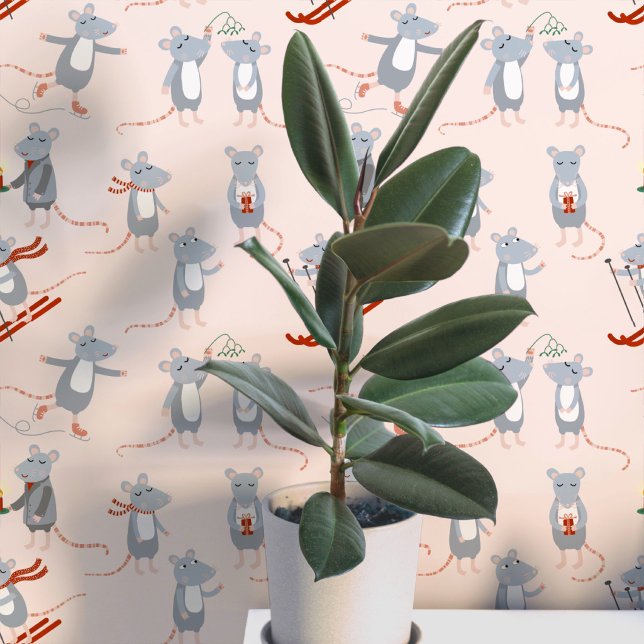 Papier Peint Souris Rose Fête d'Hiver Festive (Fun winter mice art wallpaper)