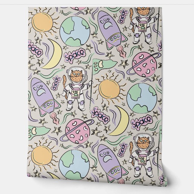 Papier Peint Space Cat - Cat Doodles - Astronaut Animals (Déroulement)