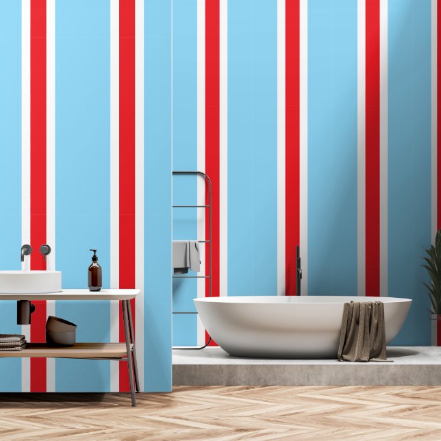 Papier Peint Sporty Bright Red Baby Blue White Racing Stripes (Salle de bain)