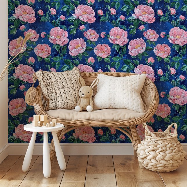 Papier Peint Starry Blooms : Peonies roses sur Midnight Blue (Créateur téléchargé)