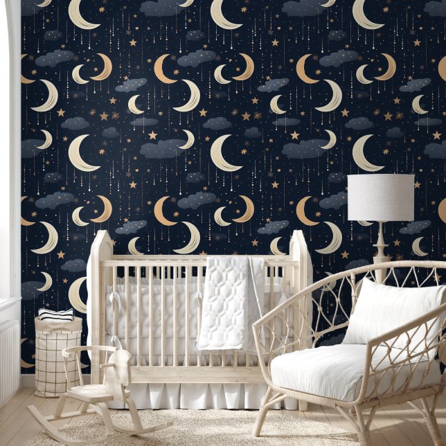 Papier Peint Stars Lune Céleste Luxueux (Enfants)