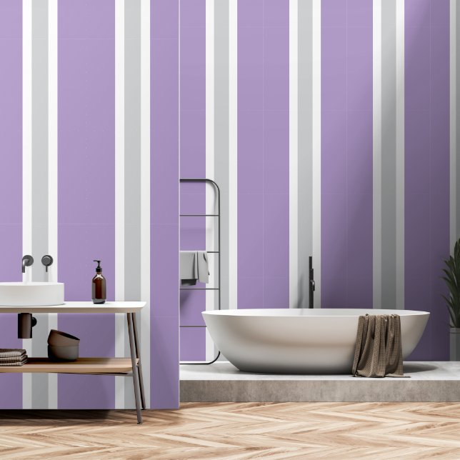 Papier Peint Style gris clair pastel violet blanc rayures (Salle de bain)
