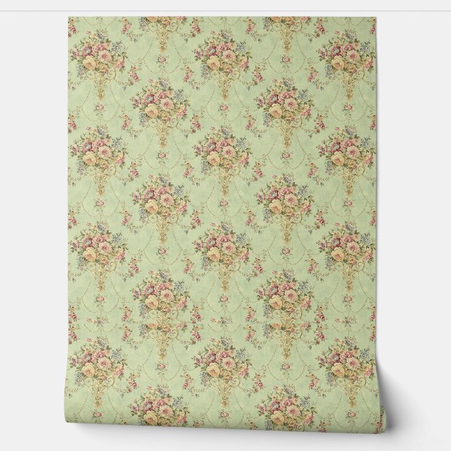 Papier Peint Style Victorien Vert Sage Français Rococo Floral (Déroulement)