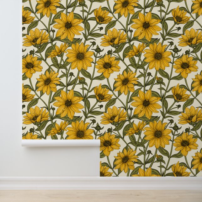 Papier Peint Sunroot, tournesol sauvage sur blanc (Application)