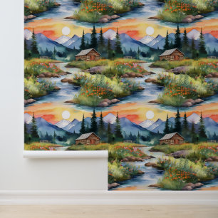 Papier Peint Sunset Mounts Forêt Bois Pine Trees Creek