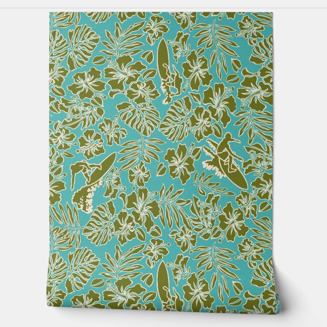 Papier Peint Surf Pareau Hawaiian Hibiscus Surf Turq (Déroulement)