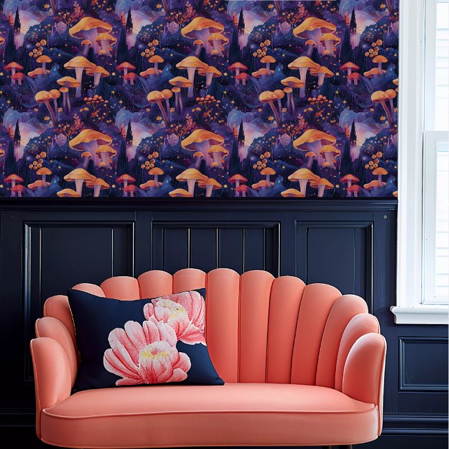 Papier Peint Tabourets Fairycore Orange & Purple Ethereal (Fairycore Orange & Purple Ethereal Toadstools Wallpaper above a coral scalloped sofa.)