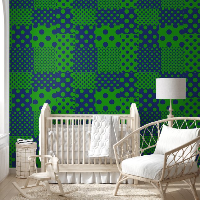 Papier Peint Taches à pois verts bleus Patchwork  (Enfants)