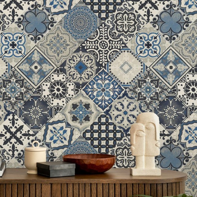 Papier Peint Talavera Tles Navy Cobalt Bleu Gris   (Créateur téléchargé)