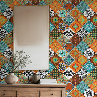 Papier Peint Talavera Tles Turquoise Teal Orange Black White