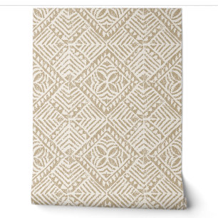 Papier Peint Tapa samoan Carreaux polynésiens diamant Taupe