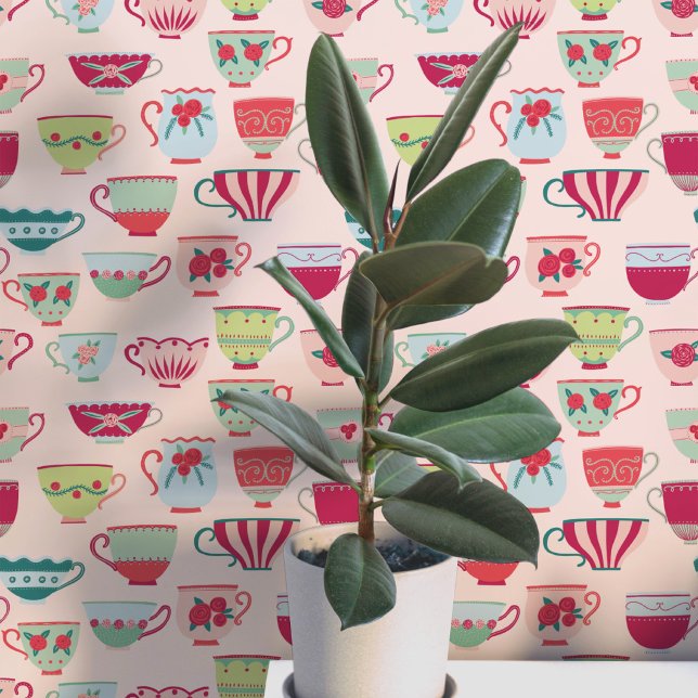 Papier Peint Tasses rétro rose (Retro teacup pattern art wallpaper)