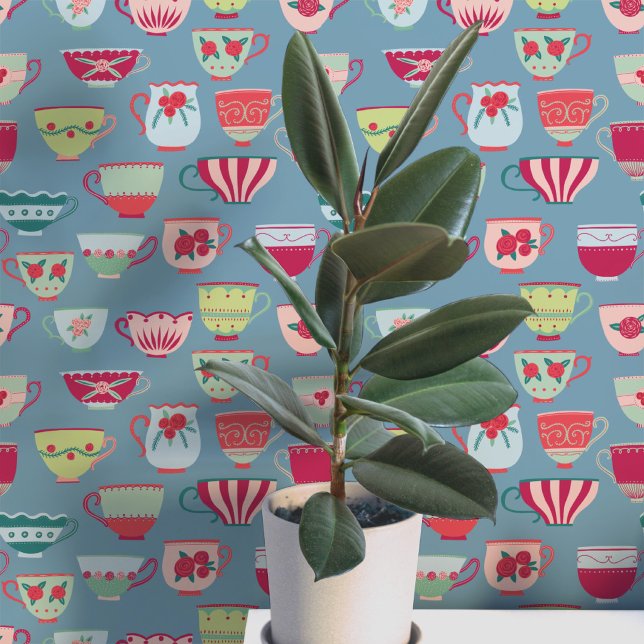 Papier Peint Tasses rétro sarcelle (Retro teacup pattern art wallpaper)