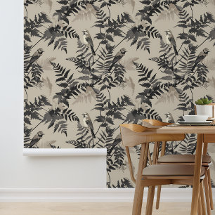 Papier Peint Taupe Black Ferns and Birds