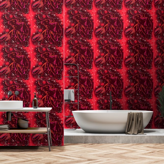 Papier Peint Taureau En Nuit étoilée Rouge (Salle de bain)