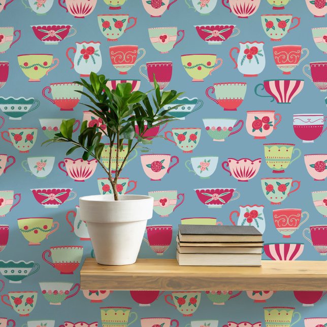 Papier Peint Teacups rétro Turquoise (Retro teacup pattern art wallpaper)