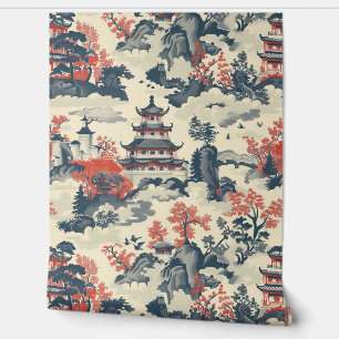 Papier Peint Temples Chinois Arbres Montagnes Rouges & Bleus