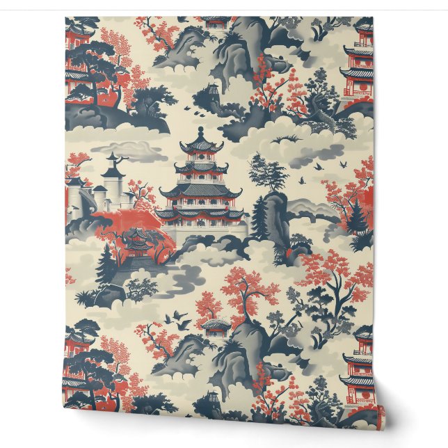 Papier Peint Temples Chinois Arbres Montagnes Rouges & Bleus (Déroulement)