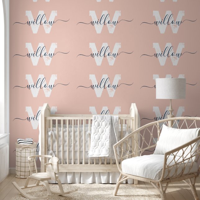 Papier Peint Tendance Blush Pink Script Typographie Monogramme  (Enfants)