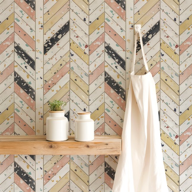 Papier Peint Terrazzo Chevron Herringbone Rose et Jaune (Créateur téléchargé)